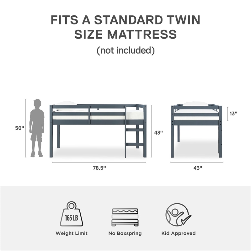Pemberly Row Transitional Junior Twin Loft Bed in Gray Finish