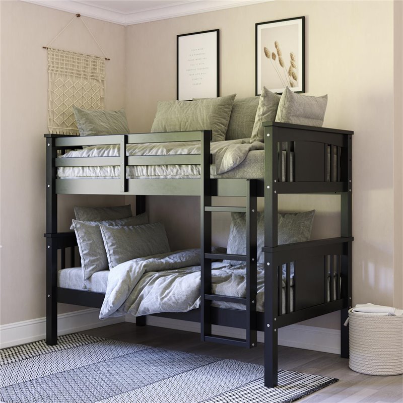 Pemberly Row Transitional Twin Over Twin Wood Bunk Bed for Kids in Black