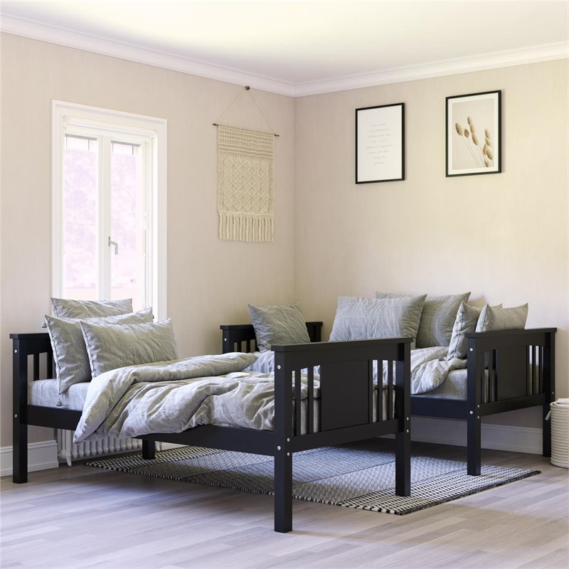 Pemberly Row Transitional Twin Over Twin Wood Bunk Bed for Kids in Black