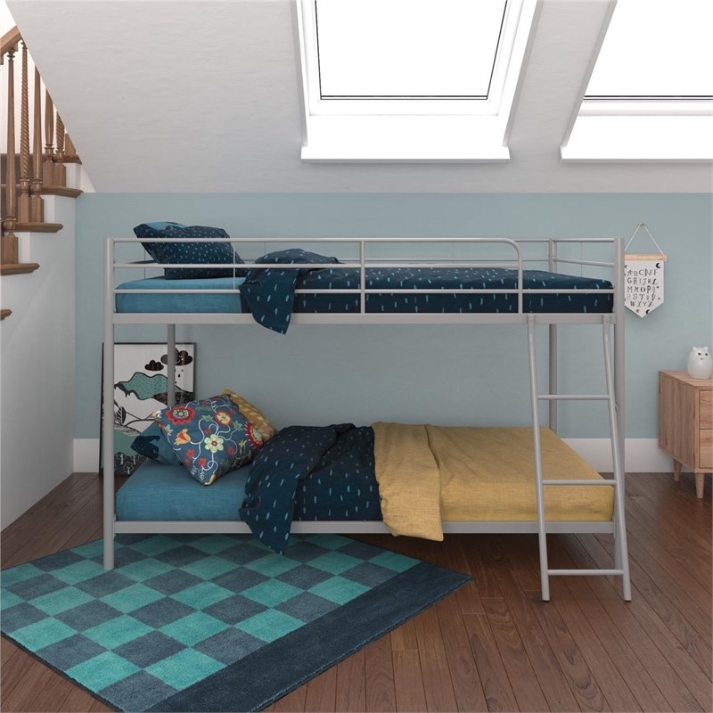 Pemberly Row Junior Modern Metal Gray Twin over Twin Low Bunk Bed for Kids