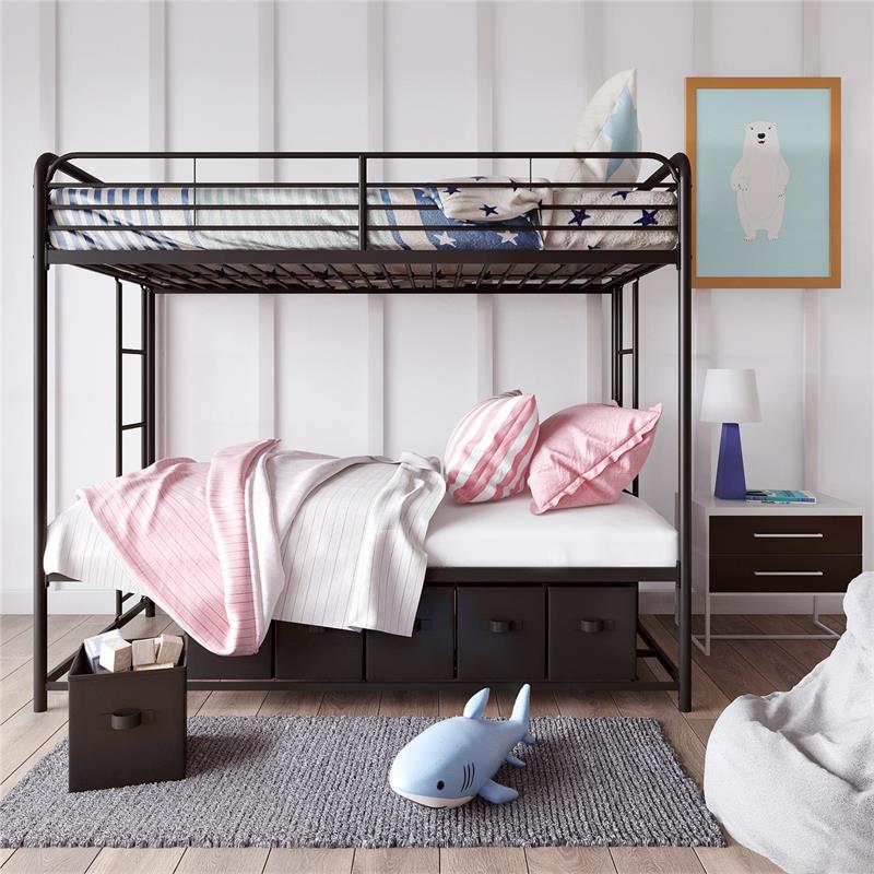 Pemberly Row Transitional Twin Over Twin Bunk Bed with Storage Bins in Black