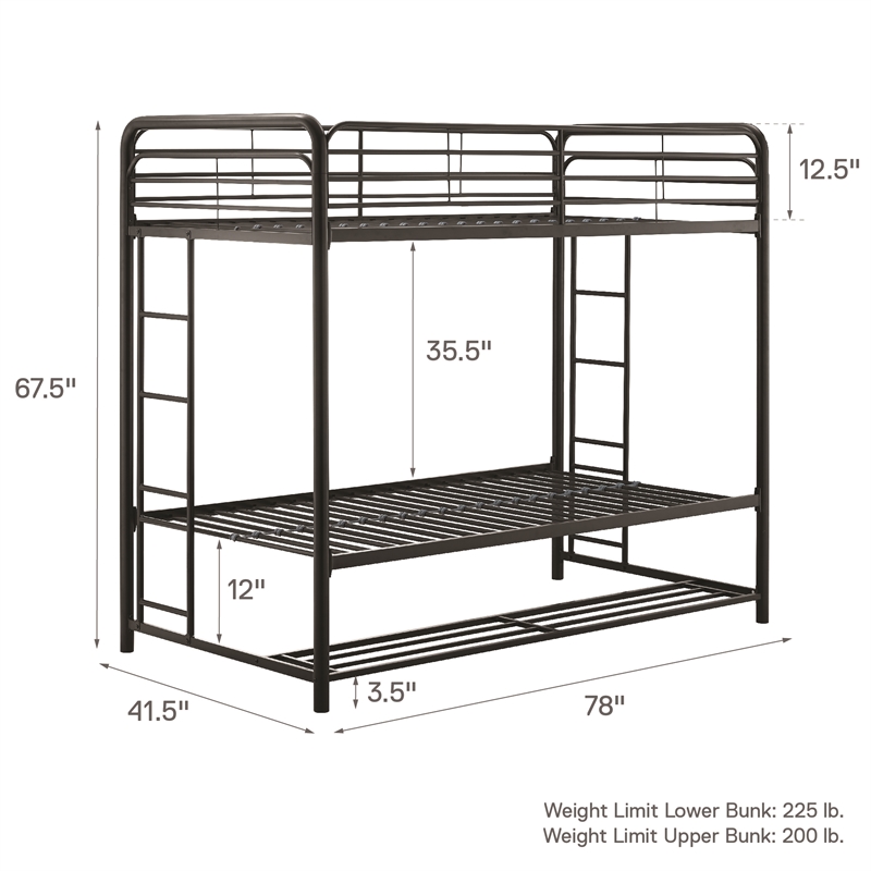 Pemberly Row Transitional Twin Over Twin Bunk Bed with Storage Bins in Black