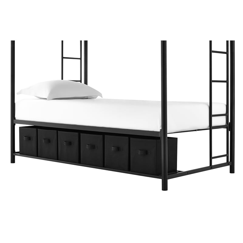 Pemberly Row Transitional Twin Over Twin Bunk Bed with Storage Bins in Black