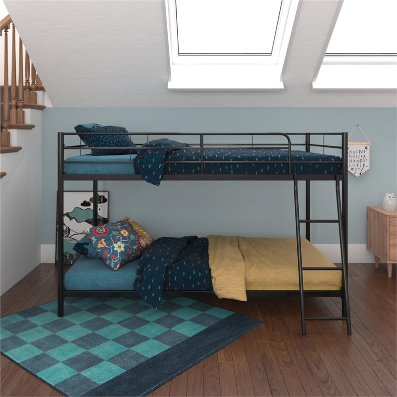 Pemberly Row Junior Modern Metal Twin over Twin Low Bunk Bed for Kids in Black