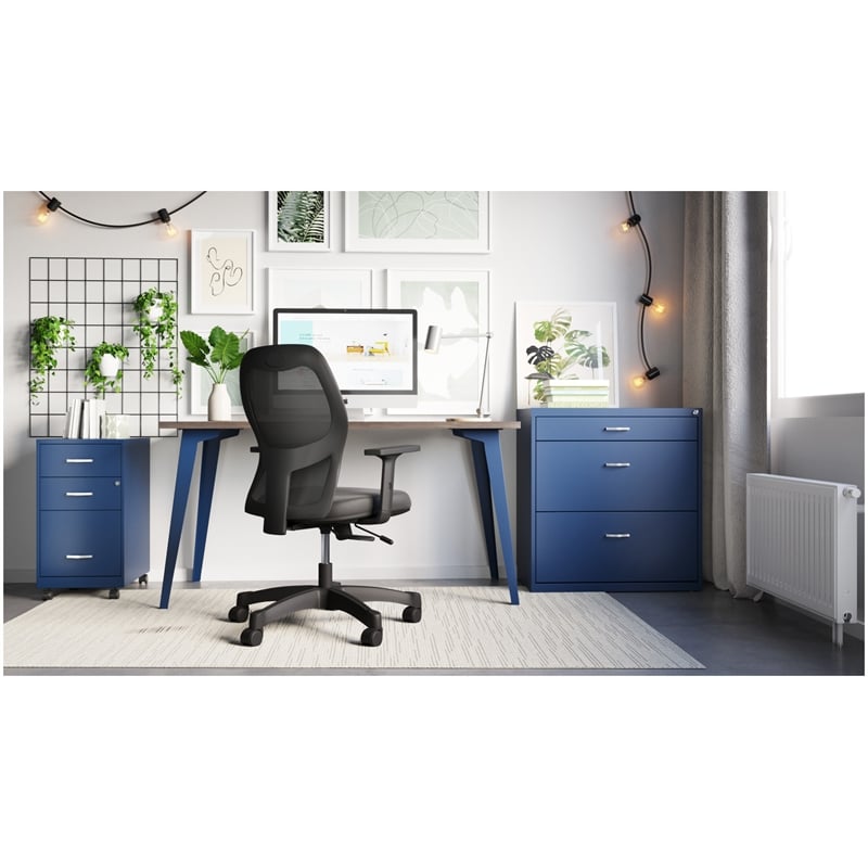 Pemberly Row 24x48 Mid Century Modern Metal Desk - Navy / Platinum Oak