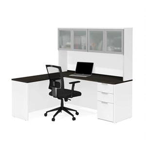 Pemberly Row L Desk with 4 Door Hutch in White and Deep Gray