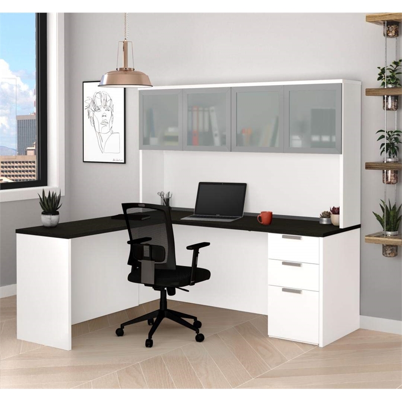 Pemberly Row L Desk with 4 Door Hutch in White and Deep Gray