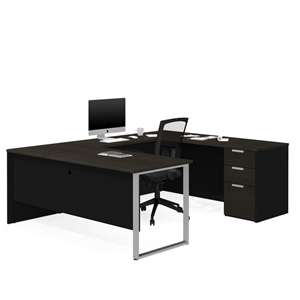 Pemberly Row Contemporary U Desk in Deep Gray and Black Finish