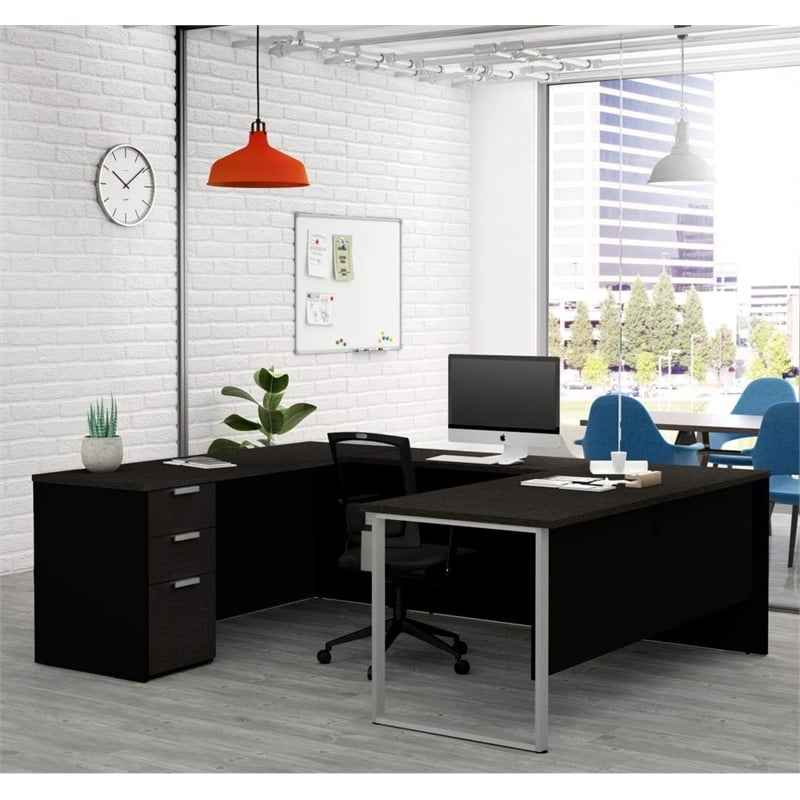 Pemberly Row Contemporary U Desk in Deep Gray and Black Finish