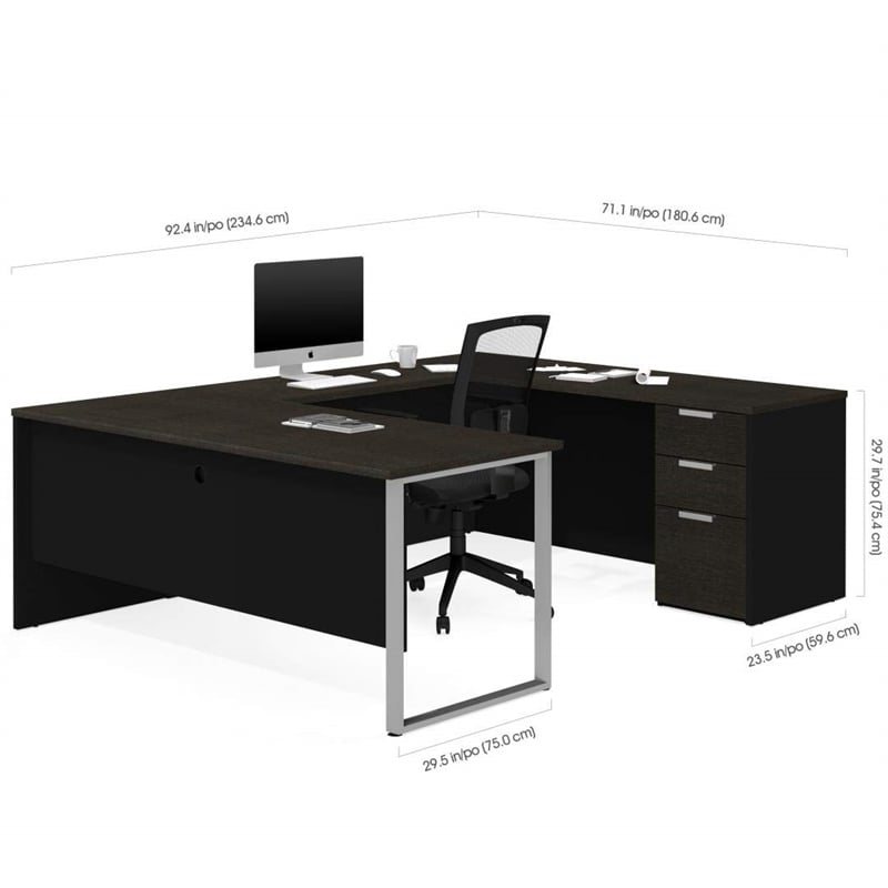 Pemberly Row Contemporary U Desk in Deep Gray and Black Finish