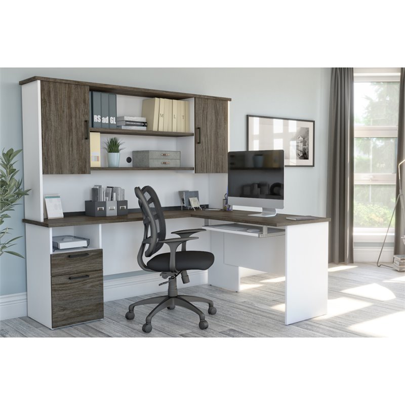 Pemberly Row L Shaped Computer Desk with Hutch in Walnut Gray and White