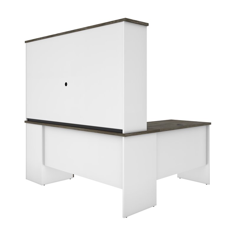 Pemberly Row L Shaped Computer Desk with Hutch in Walnut Gray and White