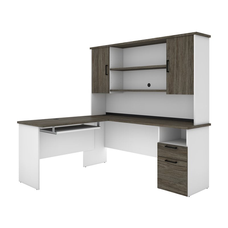 Pemberly Row L Shaped Computer Desk with Hutch in Walnut Gray and White