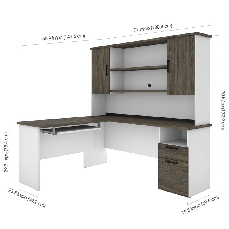 Pemberly Row L Shaped Computer Desk with Hutch in Walnut Gray and White