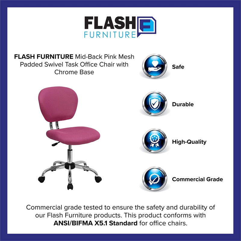 Pemberly Row Contemporary Mid-Back Mesh Office Swivel Chair in Pink