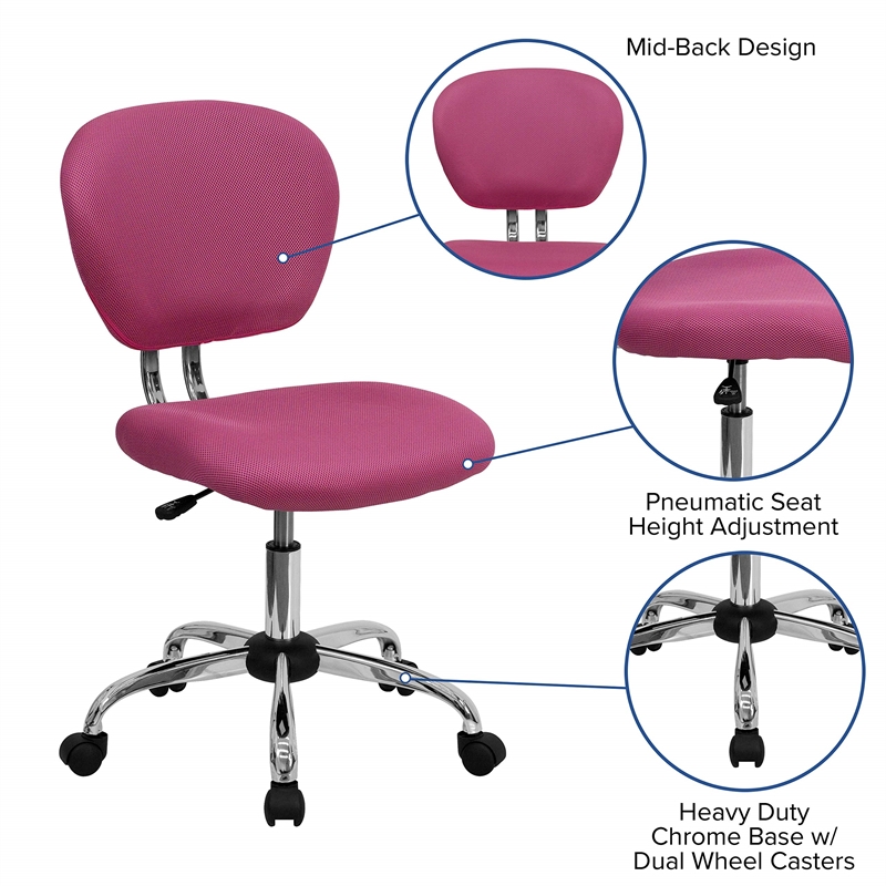 Pemberly Row Contemporary Mid-Back Mesh Office Swivel Chair in Pink