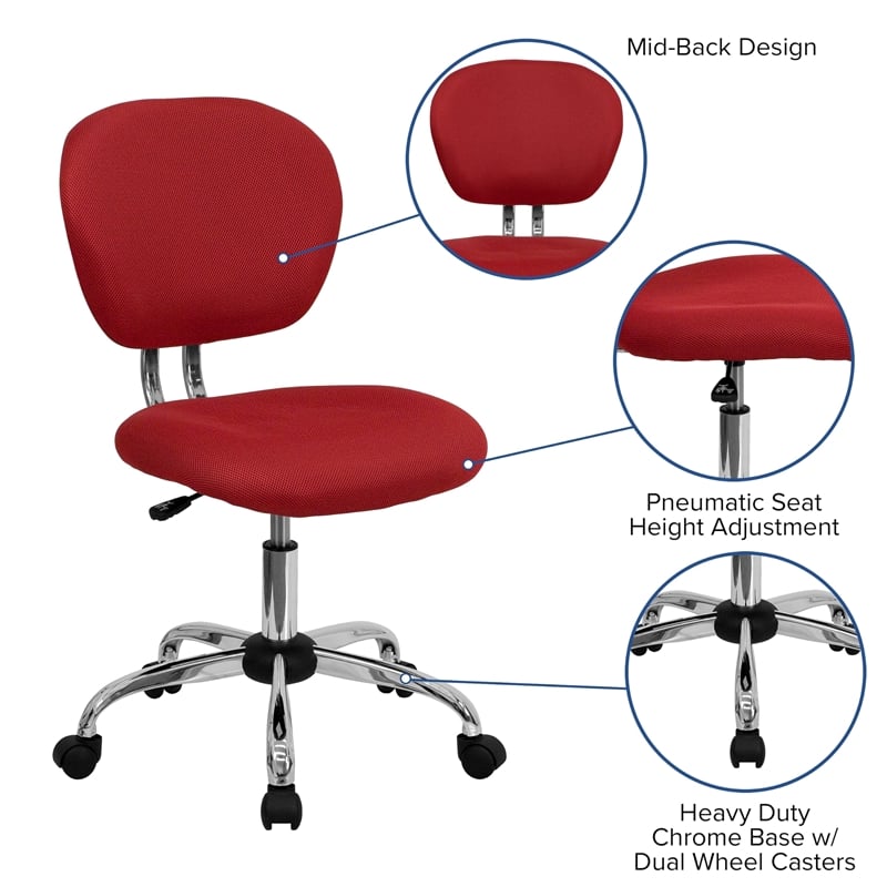 Pemberly Row Mid-Back Fabric Mesh Office Swivel Chair in Red