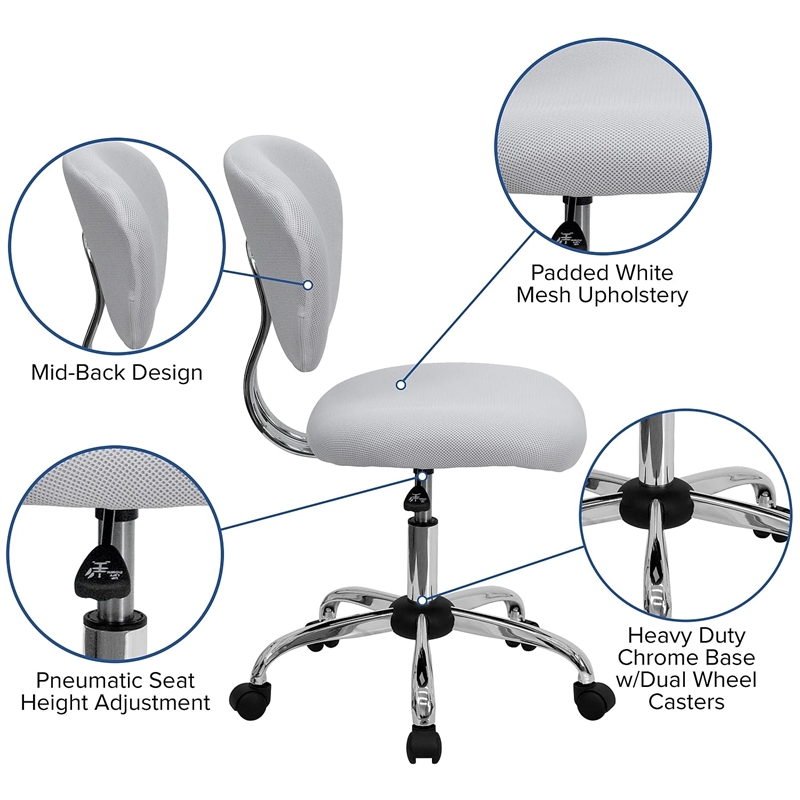 Pemberly Row Contemporary Mid-Back Mesh Office Swivel Chair in White
