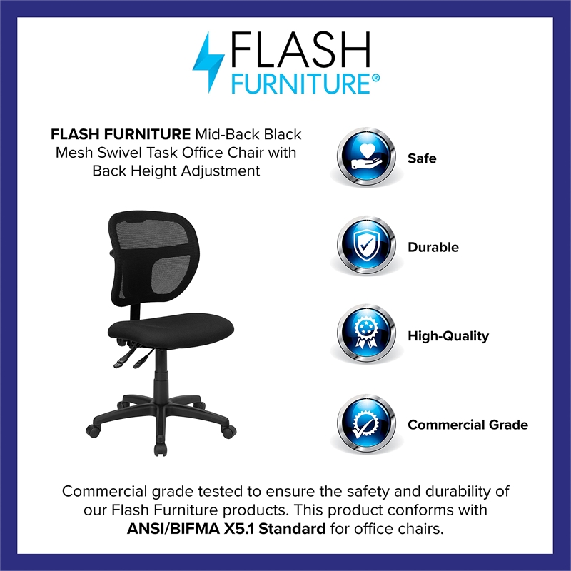 Pemberly Row Mid-Back Mesh Office Swivel Chair with Black Fabric Seat