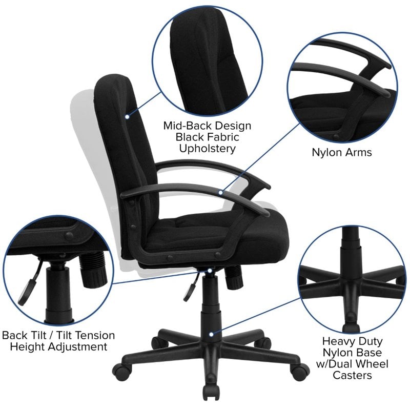 Pemberly Row Contemporary Mid Back Office Chair with Nylon Arms in Black