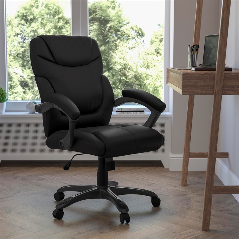 Pemberly Row Mid-Back Leather Overstuffed Office Chair in Black