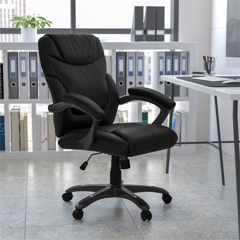 Pemberly Row Mid-Back Leather Overstuffed Office Chair in Black
