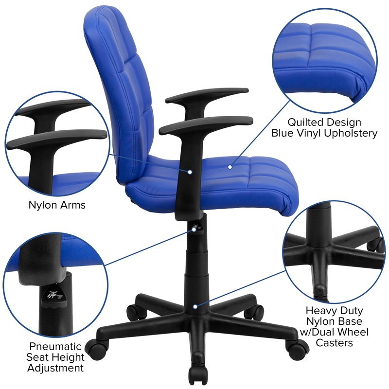 Pemberly Row Mid Back Quilted Office Swivel Chair with Arms in Blue
