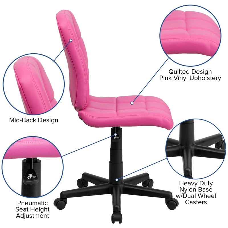 Pemberly Row Contemporary Mid Back Quilted Office Swivel Chair in Pink