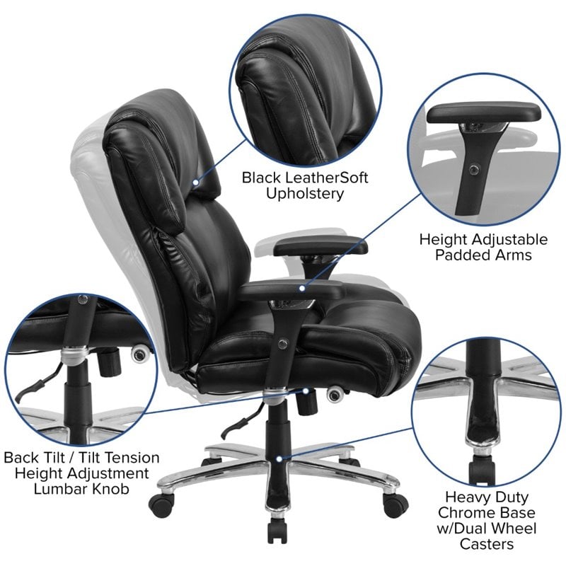 Pemberly Row Big and Tall Leather Swivel Office Chair in Black