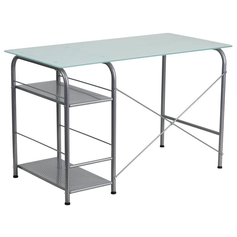 Pemberly Row Contemporary Glass Top Home Office Desk in Silver