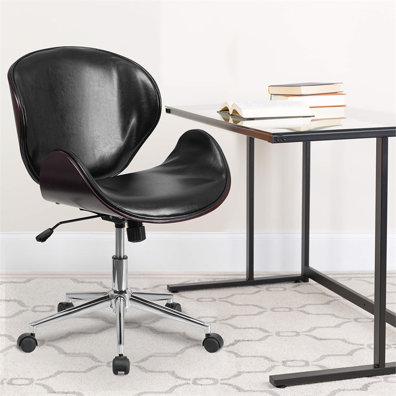Pemberly Row Leather Swivel Office Chair in Black and Mahogany