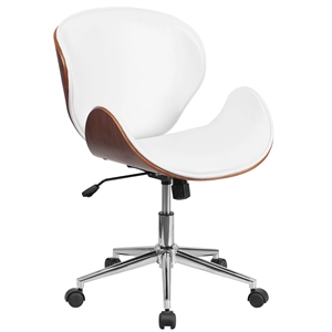 Pemberly Row Leather Swivel Office Chair in White and Walnut