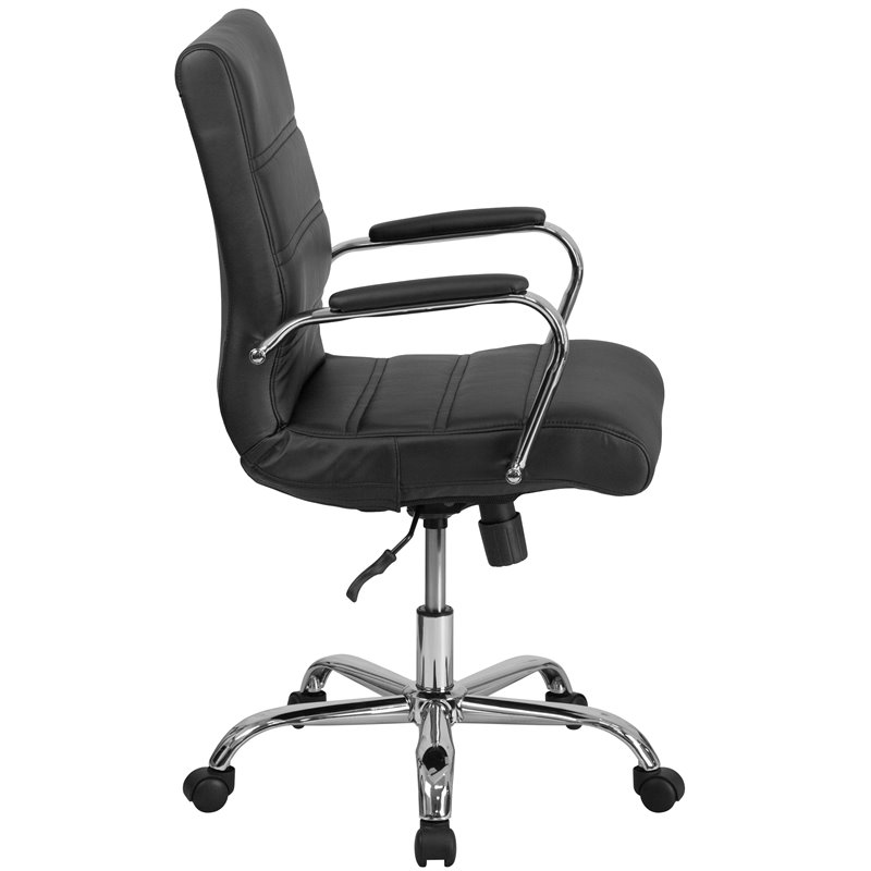 Pemberly Row Mid Back Leather Office Swivel Chair in Black and Chrome