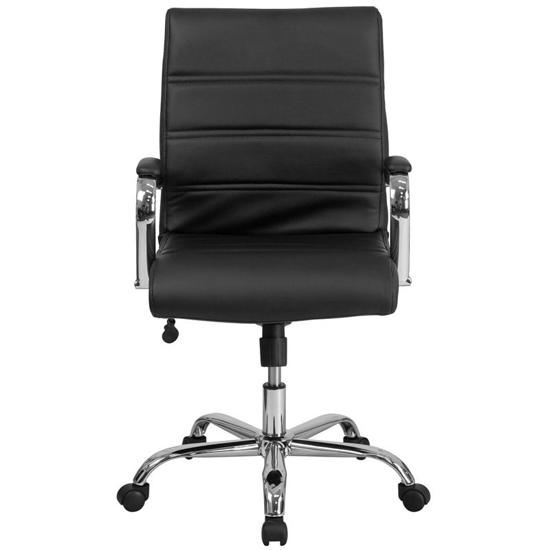 Pemberly Row Mid Back Leather Office Swivel Chair in Black and Chrome
