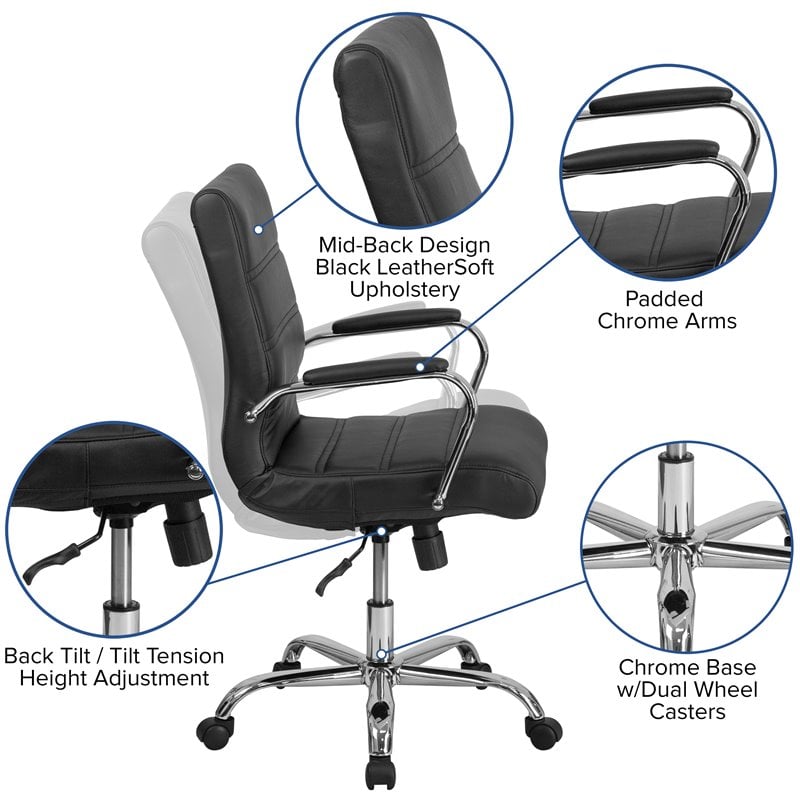 Pemberly Row Mid Back Leather Office Swivel Chair in Black and Chrome