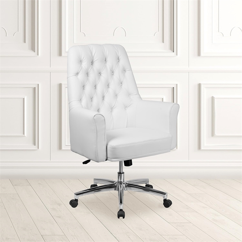 Pemberly Row Faux Leather Mid Back Swivel Office Chair in White