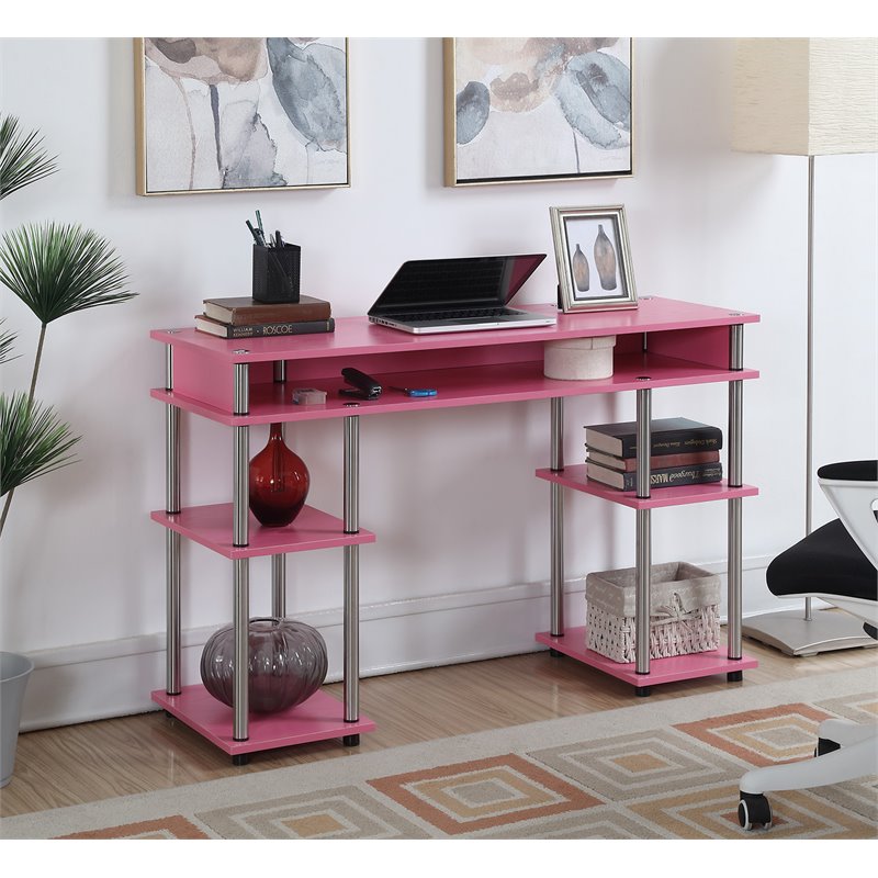 Pemberly Row Contemporary No Tools Student Desk in Pink Wood Finish
