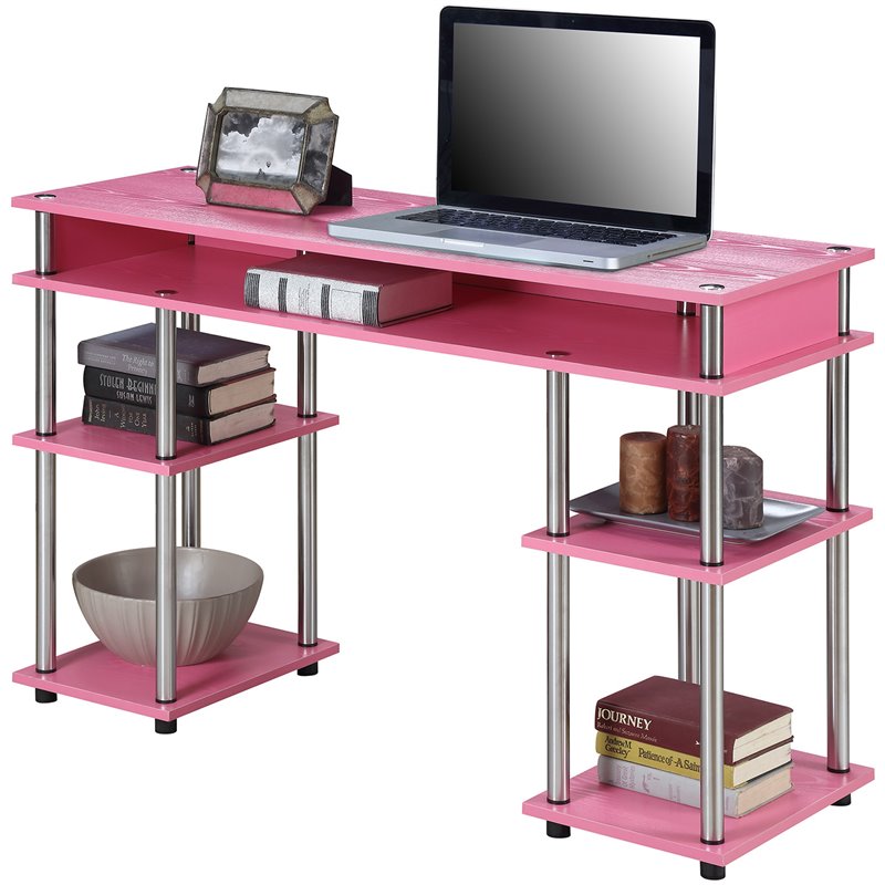 Pemberly Row Contemporary No Tools Student Desk in Pink Wood Finish