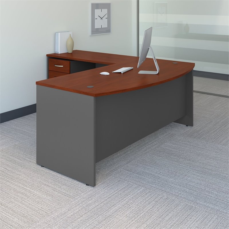 Pemberly Row Bow Front L Desk with Drawers in Hansen Cherry - Engineered Wood