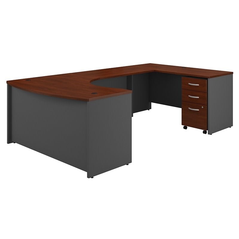 Pemberly Row Right Hand Bow U-Shaped Desk w/ Mobile File Cabinet - Hansen Cherry