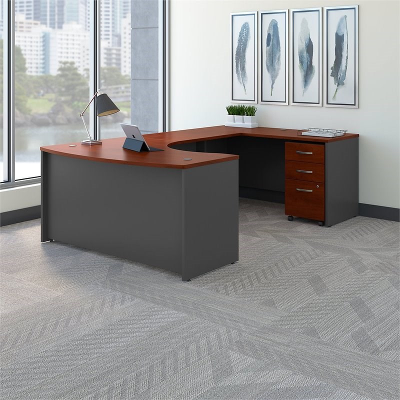 Pemberly Row Right Hand Bow U-Shaped Desk w/ Mobile File Cabinet - Hansen Cherry