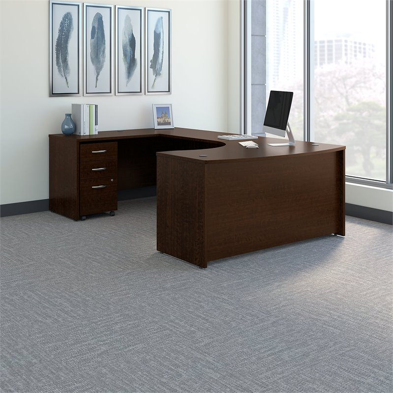 Pemberly Row Left Hand Bow U-Shaped Desk with Mobile File Cabinet - Mocha Cherry