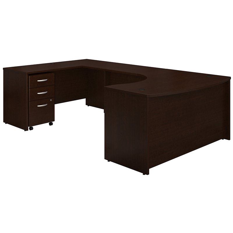 Pemberly Row Left Hand Bow U-Shaped Desk with Mobile File Cabinet - Mocha Cherry