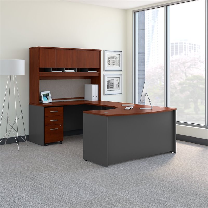Pemberly Row LH Bow Front U Desk w/ Storage in Hansen Cherry - Engineered Wood