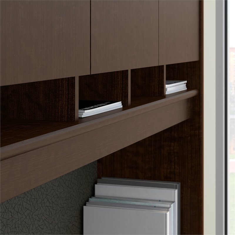 Pemberly Row Left Handed Bow Front U Shaped Computer Desk w/ Hutch- Mocha Cherry