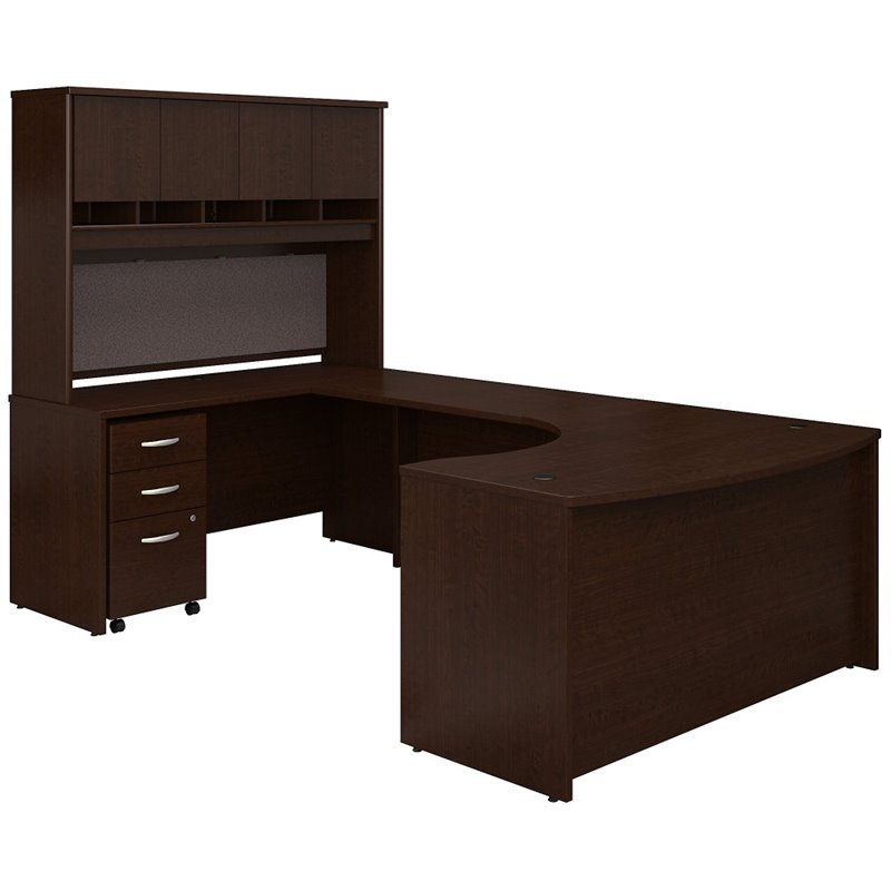 Pemberly Row Left Handed Bow Front U Shaped Computer Desk w/ Hutch- Mocha Cherry