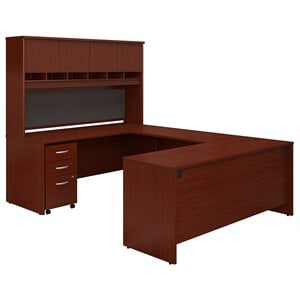 Pemberly Row 72&quotW U-Shaped Desk with Hutch and Storage in Mahogany