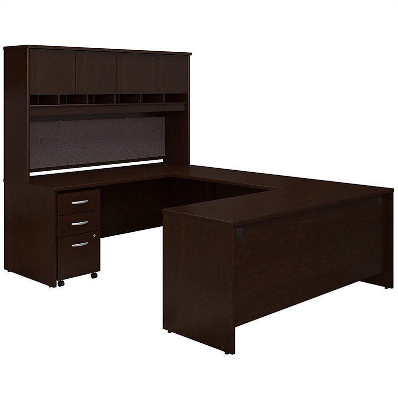 Pemberly Row U Shaped Desk w/ Hutch & Storage in Mocha Cherry -Engineered Wood