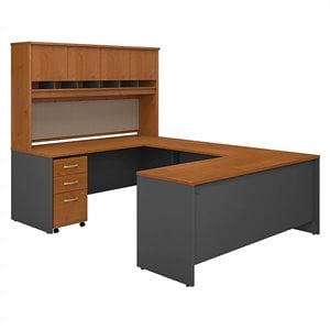 Pemberly Row U-Desk with Hutch and Storage in Natural Cherry - Engineered Wood