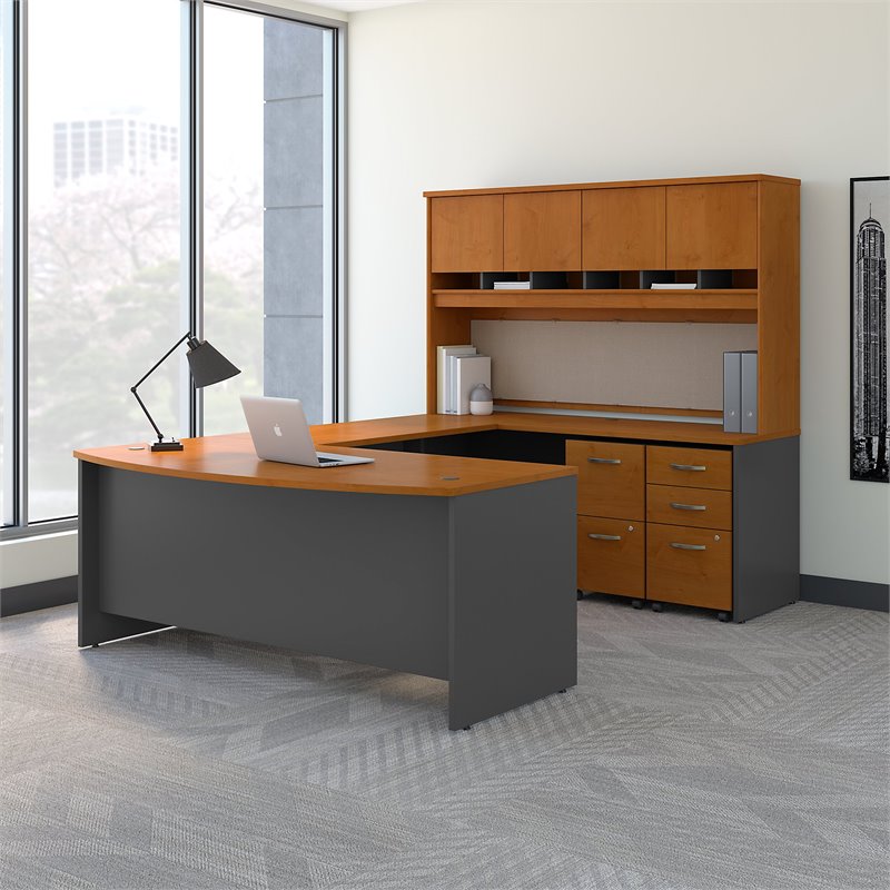 Pemberly Row Bow Front U-Shaped Desk with Hutch and Storage in Natural Cherry